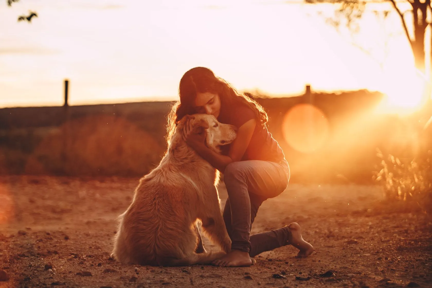 A young woman embraces her dog in golden evening light.