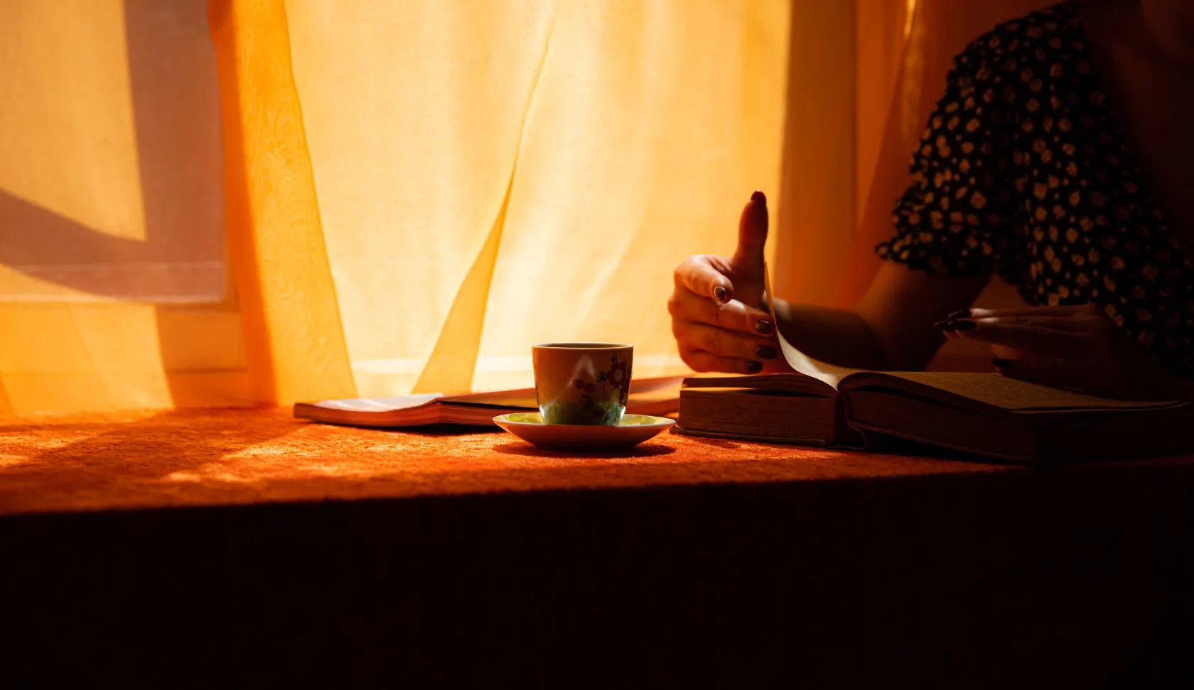 A reader pauses over an open book in warm morning light.